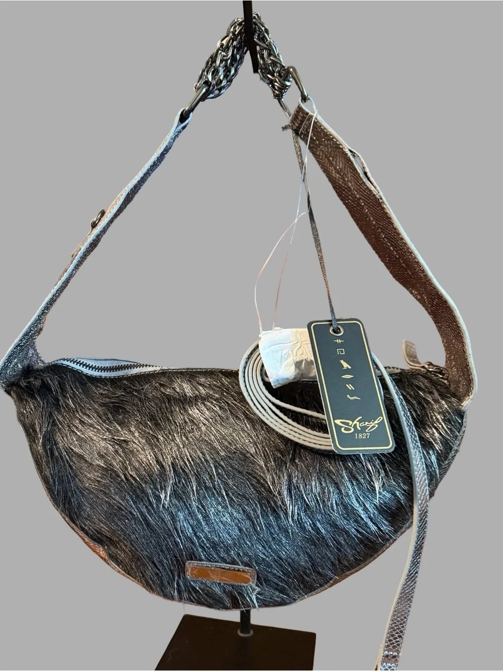 NWT Original by Sharif 1927 Calf Hair Metallic Silver Sling Bag – Convertible